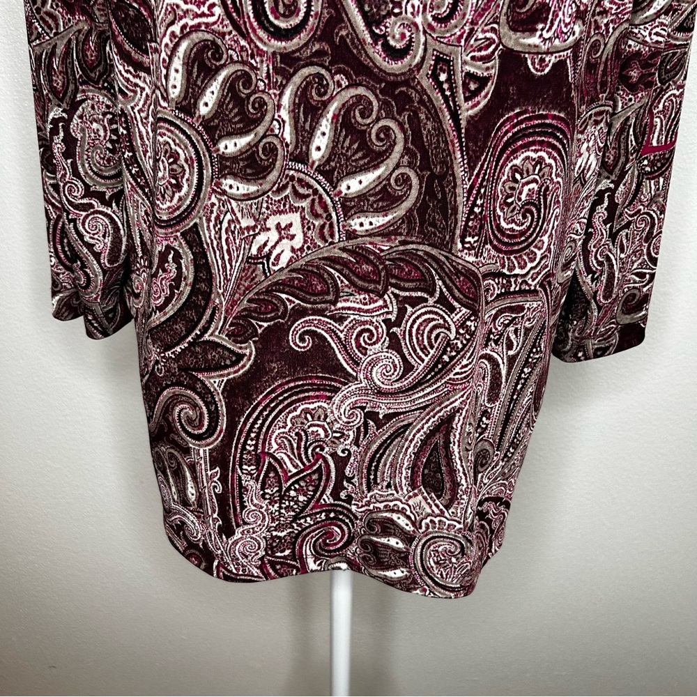 Chicos Easywear Womens Burgundy Tan Paisley Open Front Jersey Cardigan Size 2/ L - Picture 8 of 11